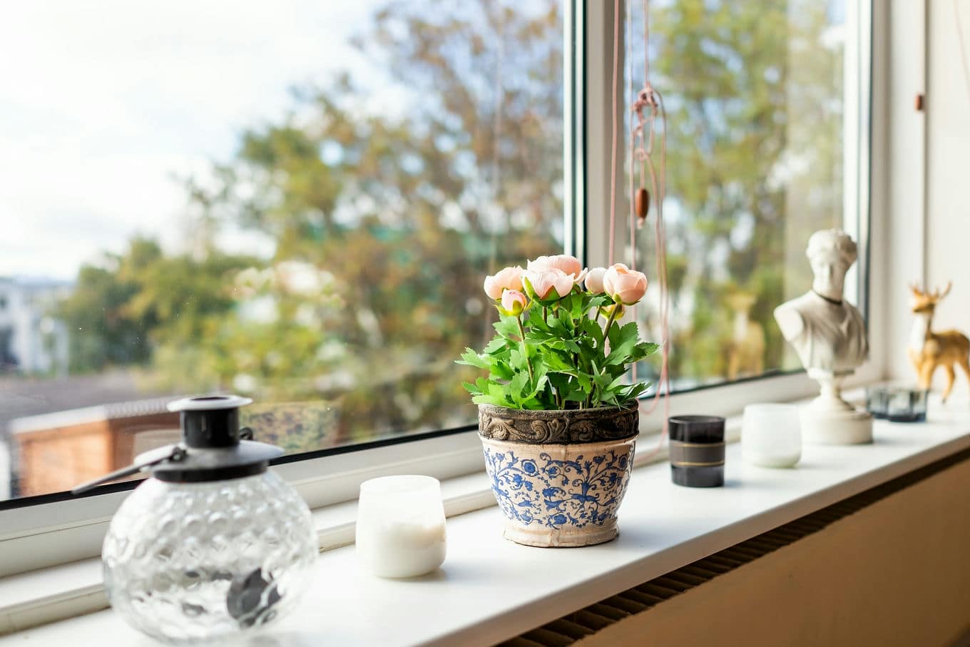 kwiaty i ozdoby na parapecie